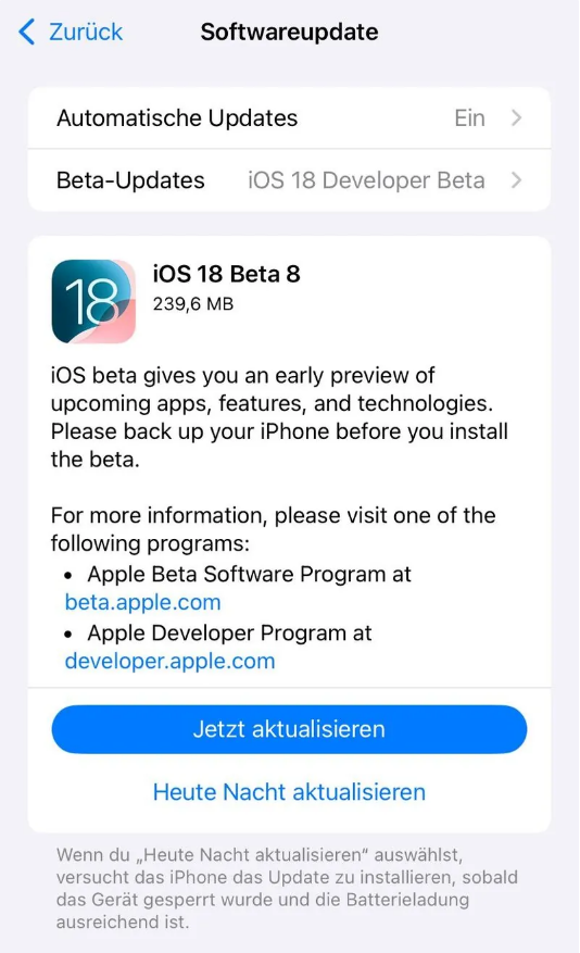 农安苹果手机维修分享苹果 iOS / iPadOS 18 开发者预览版 Beta 8 发布 